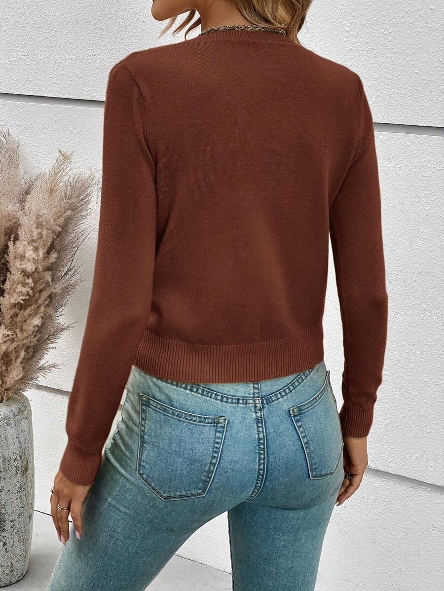 Georgiana Slim Ribbed V-Neck Button Front Knit Cardigan - Rust Brown