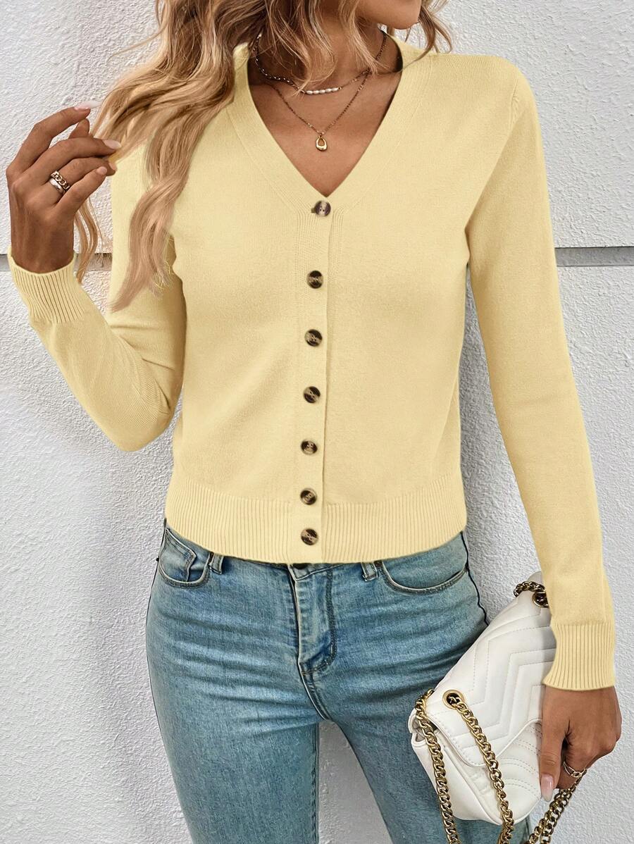 Georgiana Slim Ribbed V-Neck Button Front Knit Cardigan - Butter Yellow