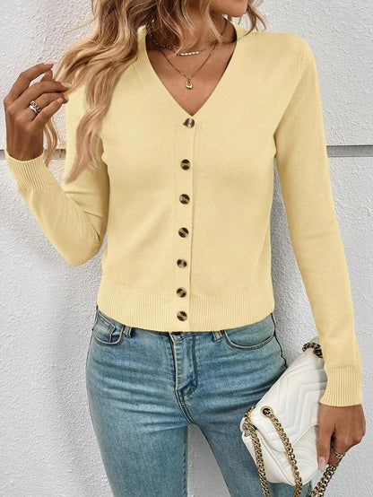 Georgiana Slim Ribbed V-Neck Button Front Knit Cardigan - Butter Yellow