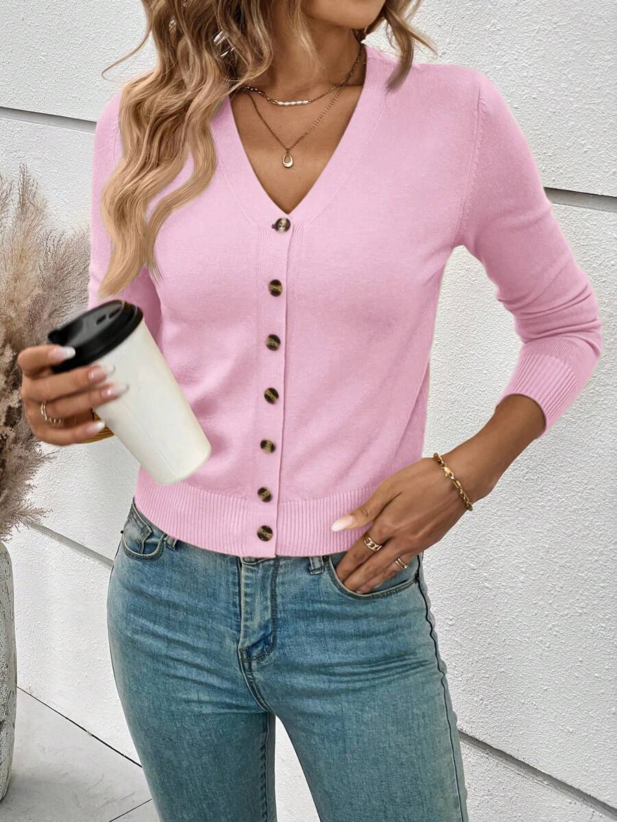 Georgiana Slim Ribbed V-Neck Button Front Knit Cardigan - Pink