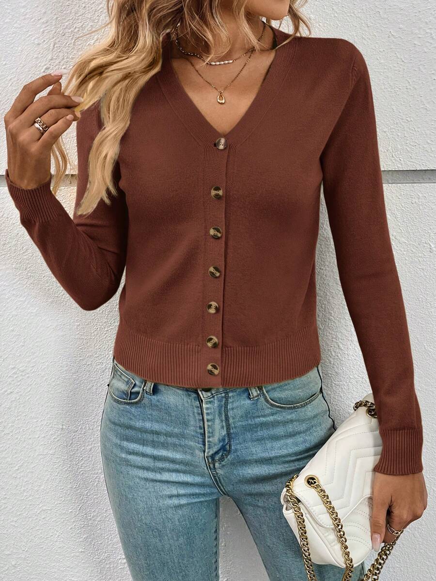 Georgiana Slim Ribbed V-Neck Button Front Knit Cardigan - Rust Brown