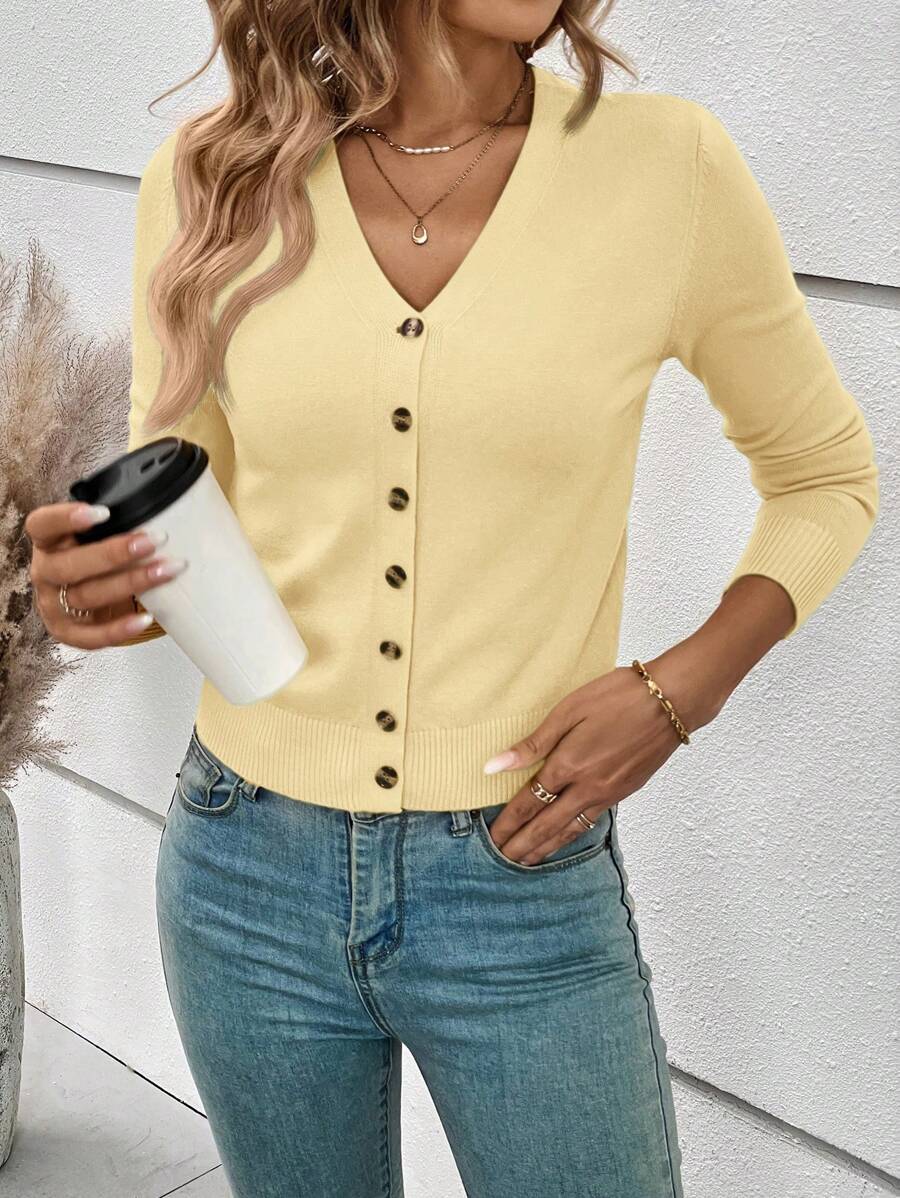Georgiana Slim Ribbed V-Neck Button Front Knit Cardigan - Butter Yellow