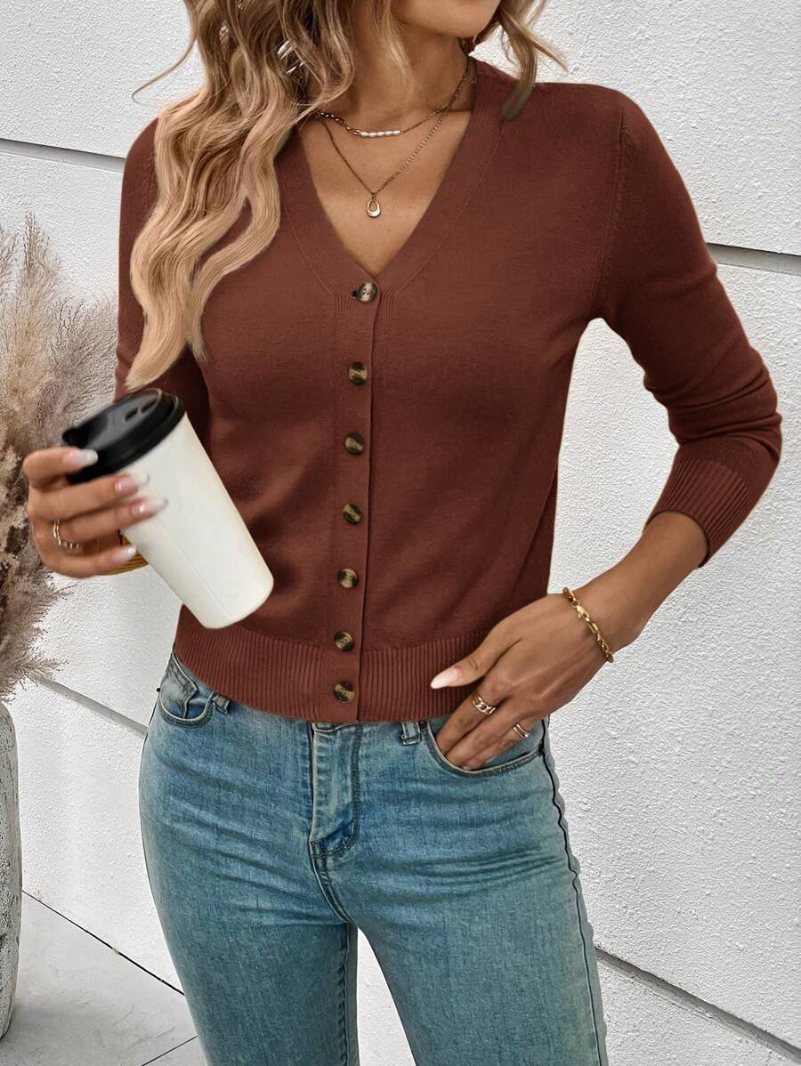 Georgiana Slim Ribbed V-Neck Button Front Knit Cardigan - Rust Brown