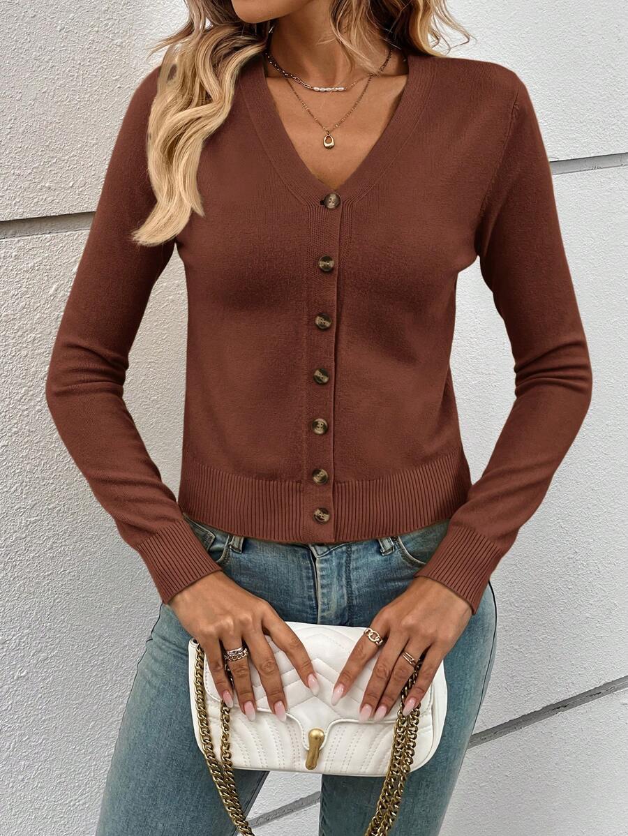 Georgiana Slim Ribbed V-Neck Button Front Knit Cardigan - Rust Brown