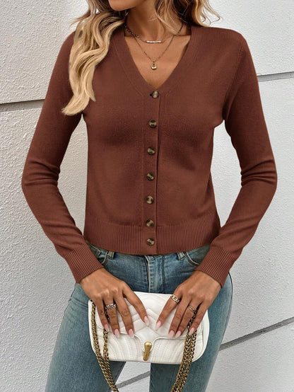 Georgiana Slim Ribbed V-Neck Button Front Knit Cardigan - Rust Brown