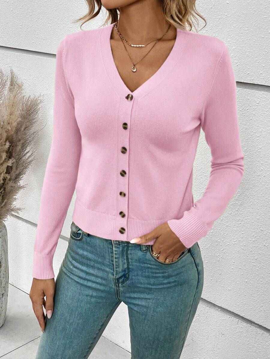Georgiana Slim Ribbed V-Neck Button Front Knit Cardigan - Pink