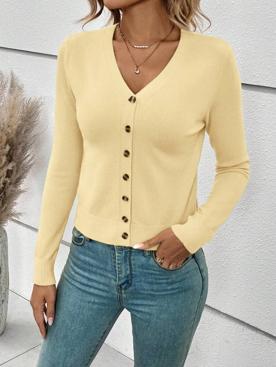 Georgiana Slim Ribbed V-Neck Button Front Knit Cardigan - Butter Yellow