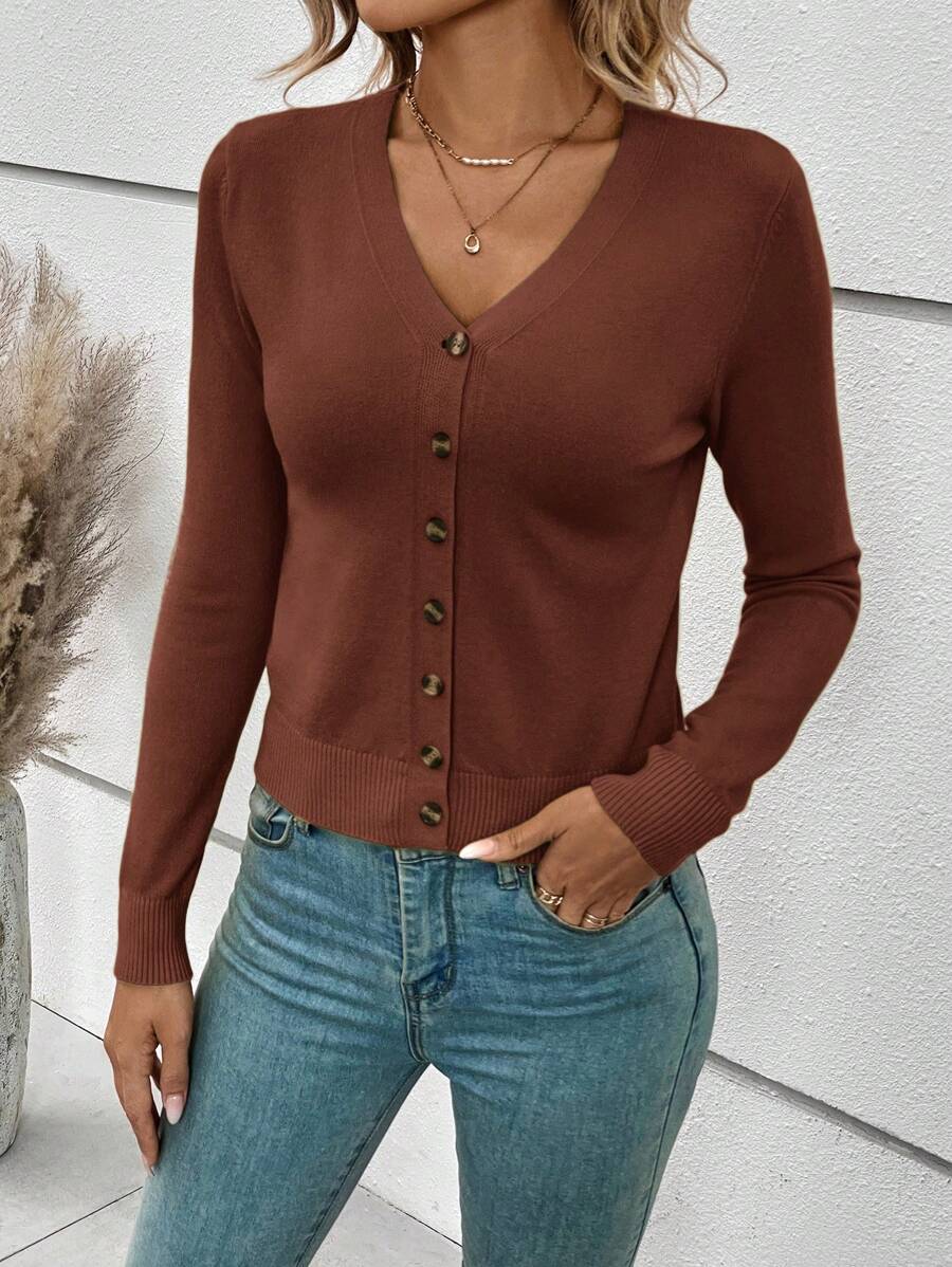 Georgiana Slim Ribbed V-Neck Button Front Knit Cardigan - Rust Brown