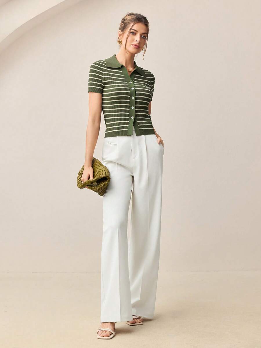 Sienna Striped Button Short Sleeve Knit Sweater - Army Green