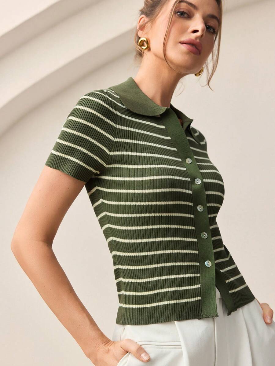 Sienna Striped Button Short Sleeve Knit Sweater - Army Green