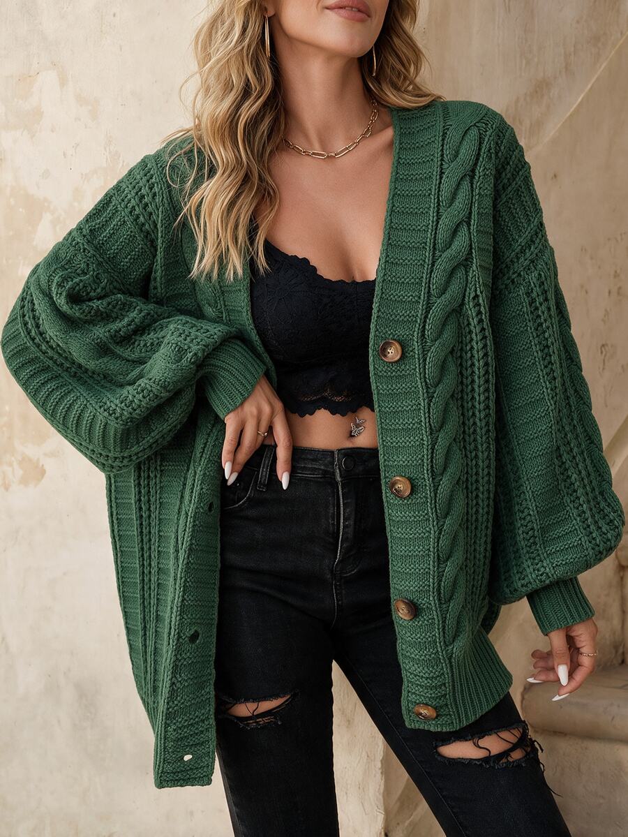 Adelaide Cable Knit Bishop Sleeve Cardigan - Dark Grey