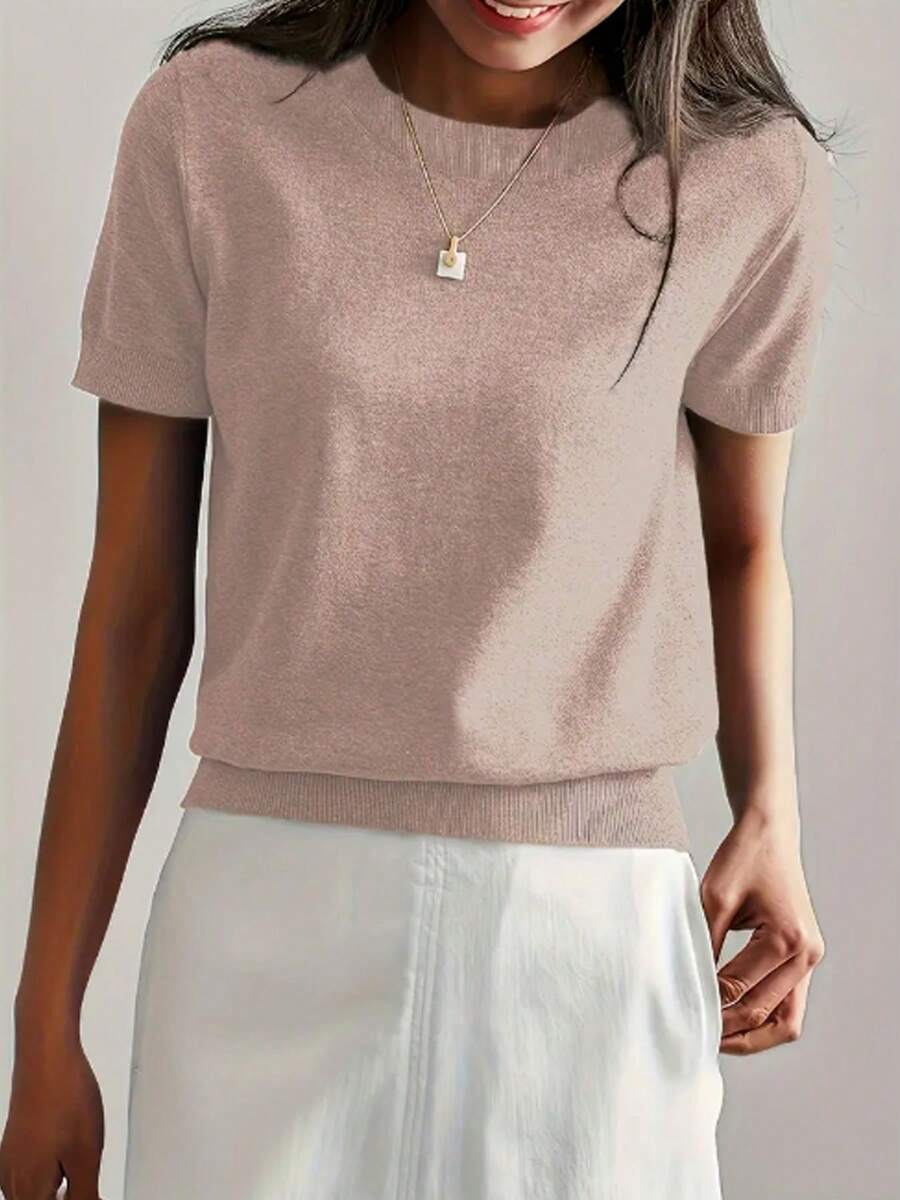 Women's Fine Rib Knit Short Sleeve Top, Fitted Stretch Tee for Layering and Work - Burgundy