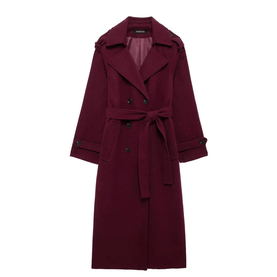 Laurel Double Breasted Belted Long Coat with Peak Lapels - Burgundy