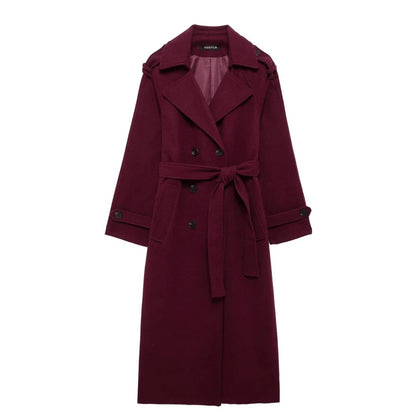 Laurel Double Breasted Belted Long Coat with Peak Lapels - Burgundy