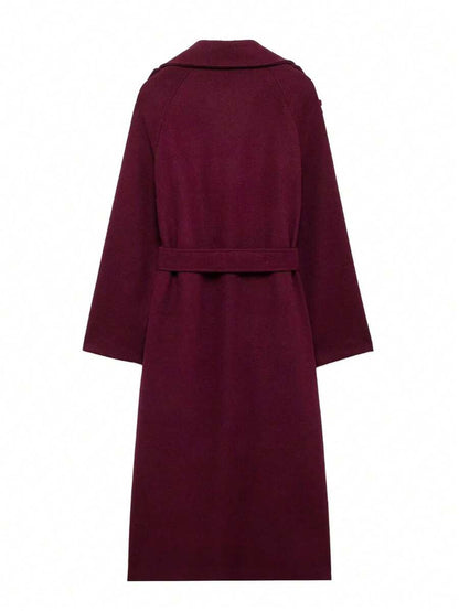 Laurel Double Breasted Belted Long Coat with Peak Lapels - Burgundy