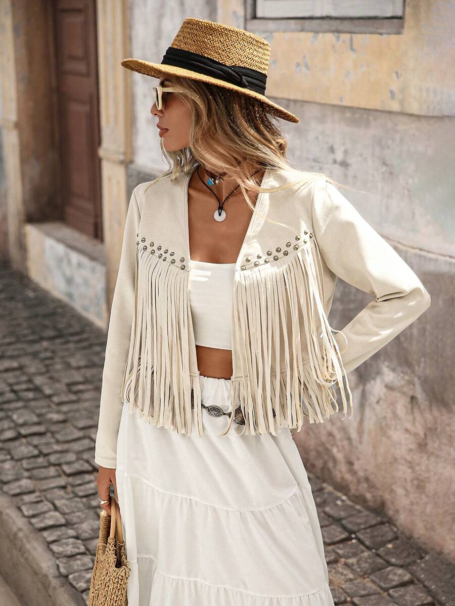 Evangeline Fringe Trim Open Front Crop Jacket - Navy Blue