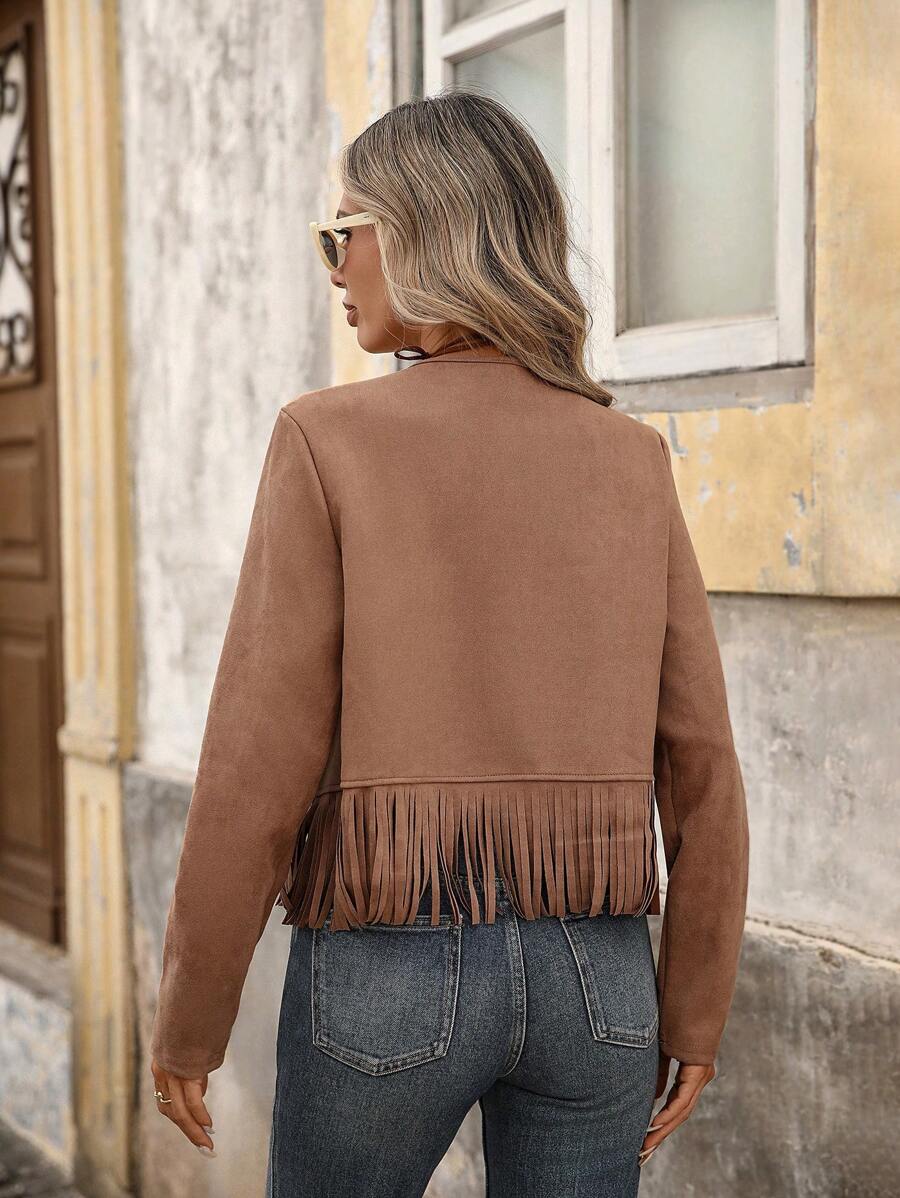 Evangeline Fringe Trim Open Front Crop Jacket - Khaki