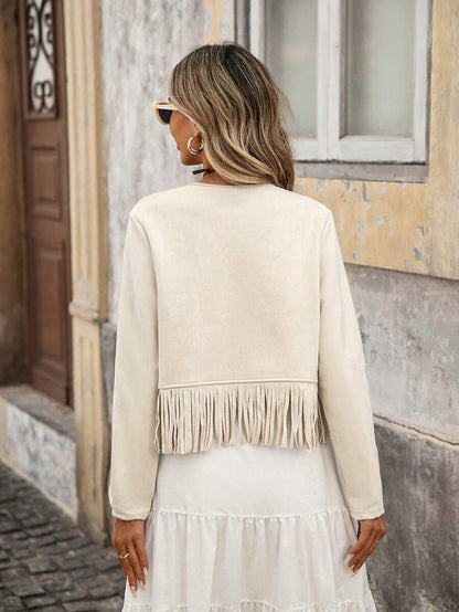 Evangeline Fringe Trim Open Front Crop Jacket - Dusty Mauve