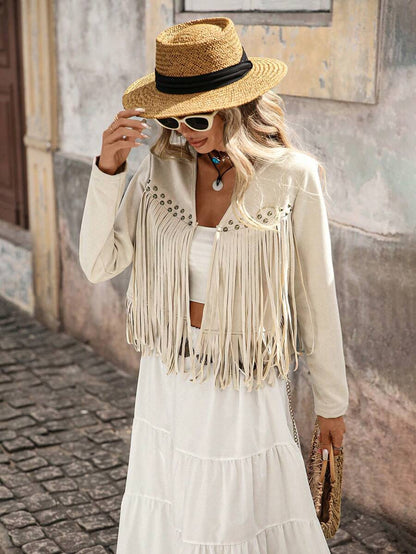 Evangeline Fringe Trim Open Front Crop Jacket - Black