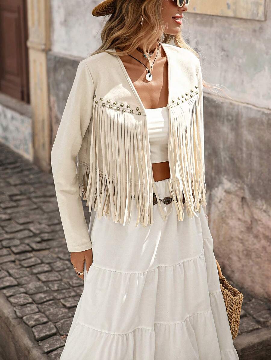 Evangeline Fringe Trim Open Front Crop Jacket - Khaki