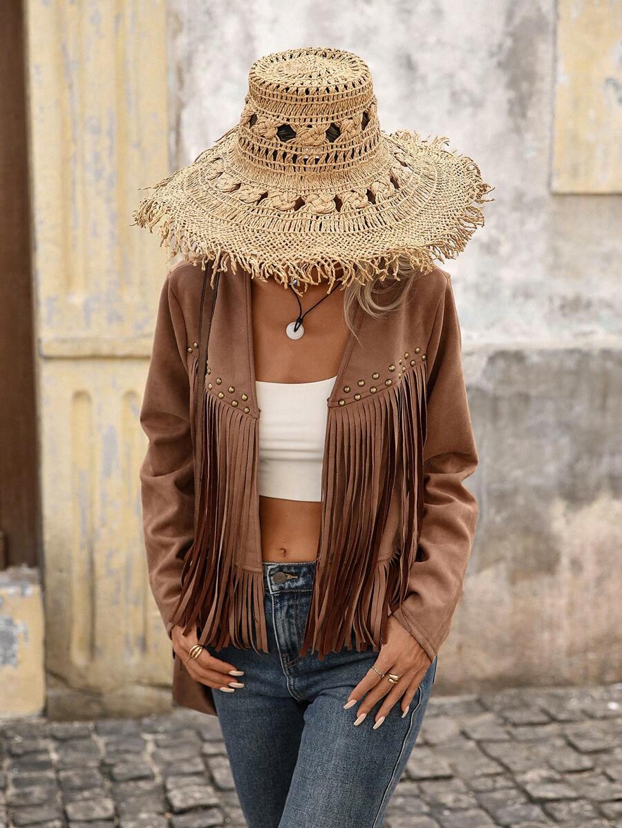 Evangeline Fringe Trim Open Front Crop Jacket - Brown