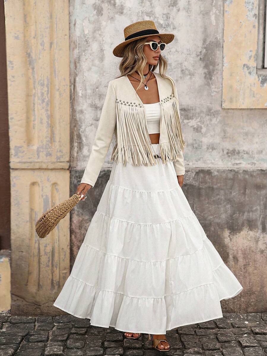Evangeline Fringe Trim Open Front Crop Jacket - Pink