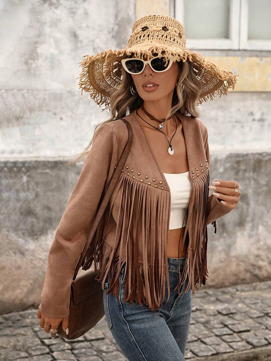 Evangeline Fringe Trim Open Front Crop Jacket - Green