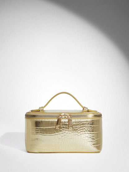 Menton Structured Vanity Top Handle Box Bag - Gold Croc