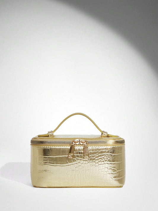 Menton Structured Vanity Top Handle Box Bag - Gold Croc