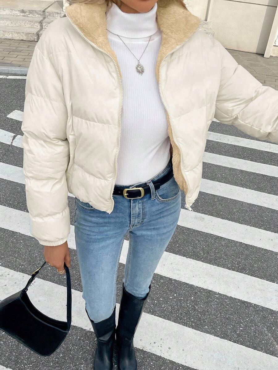 Revelstoke Reversible Cropped Puffer Jacket with Stand Collar - Cream