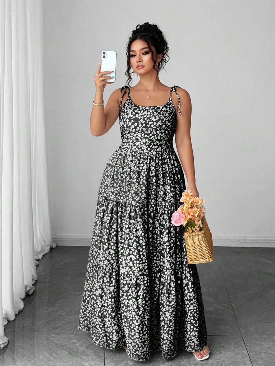 Elenzga Women's Casual Elegant Green Ditsy Floral Spaghetti Strap Backless Dress, Summer Mensa