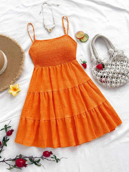 Soleia Women's Summer Holiday Solid Color Spaghetti Strap Dress With Ruffled Hem Mensa