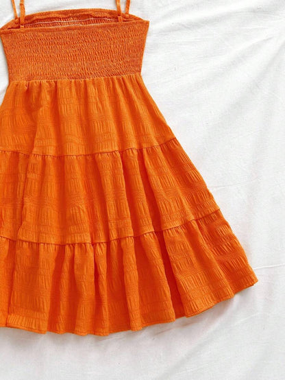 Soleia Women's Summer Holiday Solid Color Spaghetti Strap Dress With Ruffled Hem Mensa