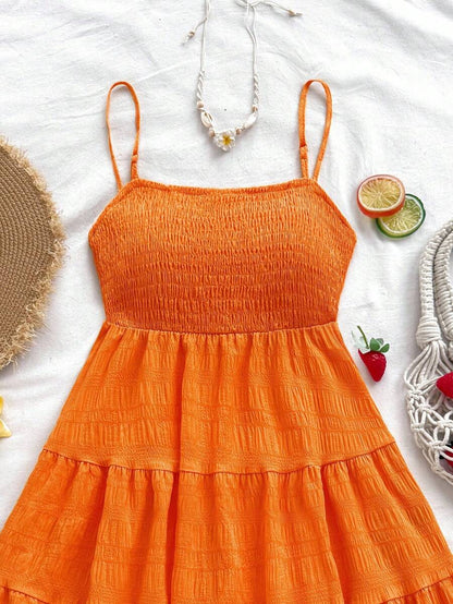 Soleia Women's Summer Holiday Solid Color Spaghetti Strap Dress With Ruffled Hem Mensa