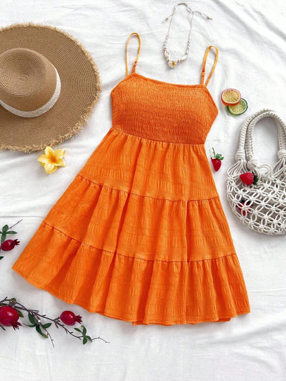 Soleia Women's Summer Holiday Solid Color Spaghetti Strap Dress With Ruffled Hem Mensa