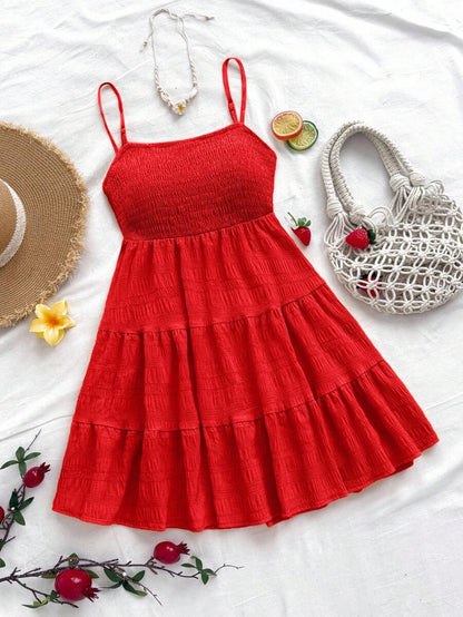 Soleia Women's Summer Holiday Solid Color Spaghetti Strap Dress With Ruffled Hem Mensa
