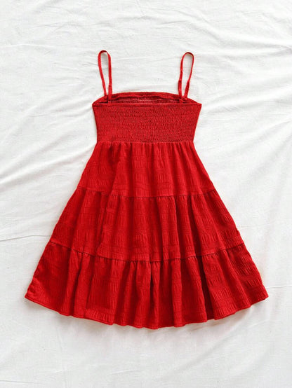 Soleia Women's Summer Holiday Solid Color Spaghetti Strap Dress With Ruffled Hem Mensa
