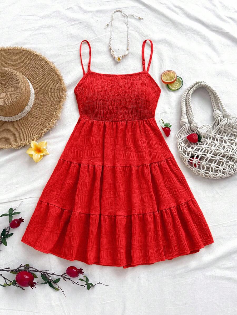 Soleia Women's Summer Holiday Solid Color Spaghetti Strap Dress With Ruffled Hem Mensa