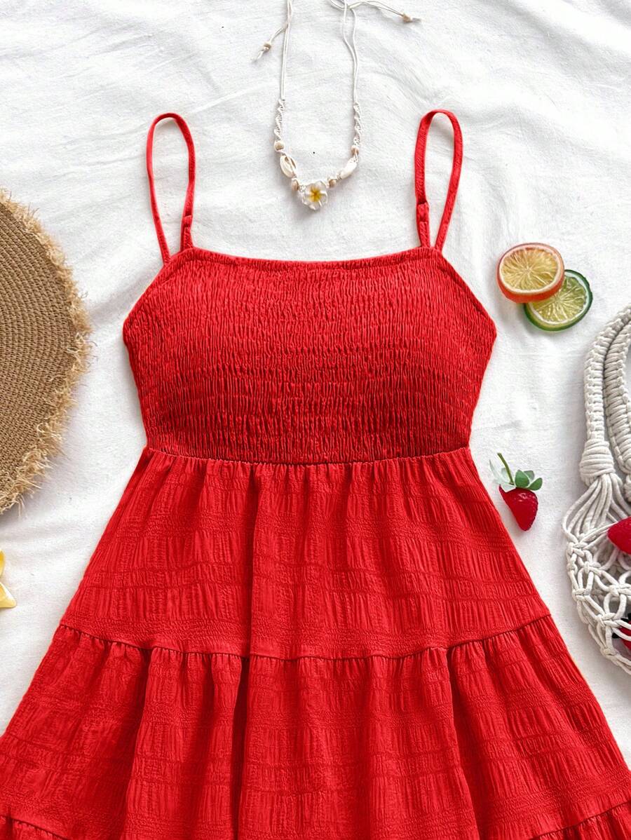 Soleia Women's Summer Holiday Solid Color Spaghetti Strap Dress With Ruffled Hem Mensa