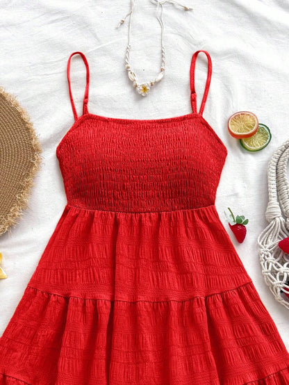 Soleia Women's Summer Holiday Solid Color Spaghetti Strap Dress With Ruffled Hem Mensa