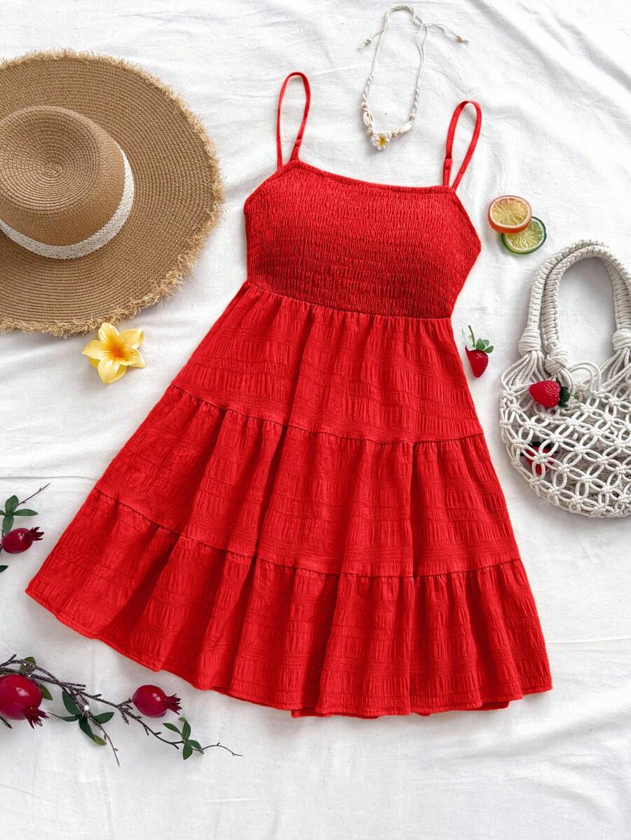 Soleia Women's Summer Holiday Solid Color Spaghetti Strap Dress With Ruffled Hem Mensa