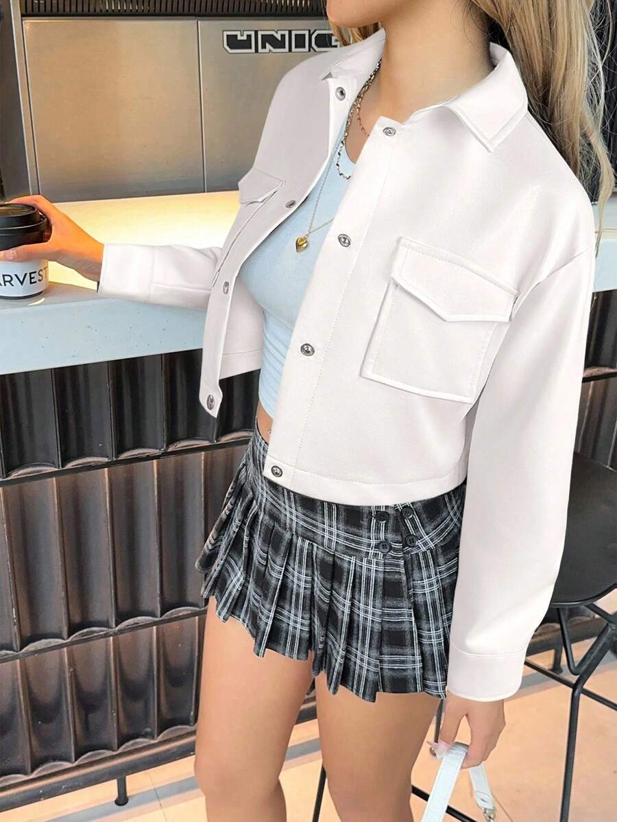 Eliza Button Front Flap Pocket PU Jacket - White