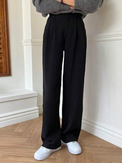 Delft High Waist Pleated Straight Leg Trousers - Black