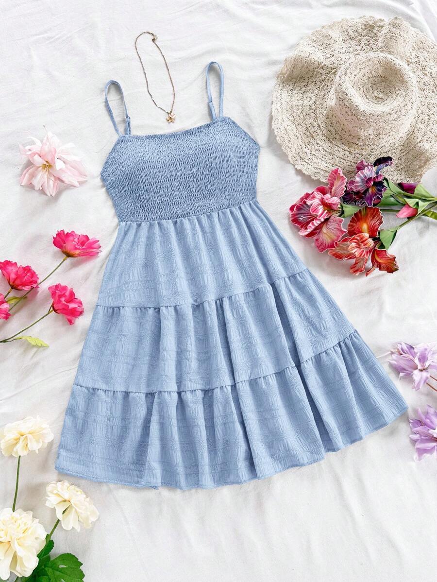 Soleia Women's Summer Holiday Solid Color Spaghetti Strap Dress With Ruffled Hem Mensa