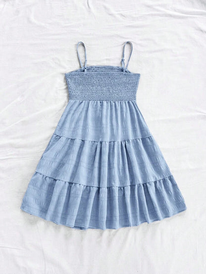 Soleia Women's Summer Holiday Solid Color Spaghetti Strap Dress With Ruffled Hem Mensa