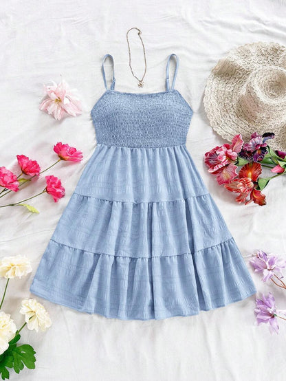 Soleia Women's Summer Holiday Solid Color Spaghetti Strap Dress With Ruffled Hem Mensa