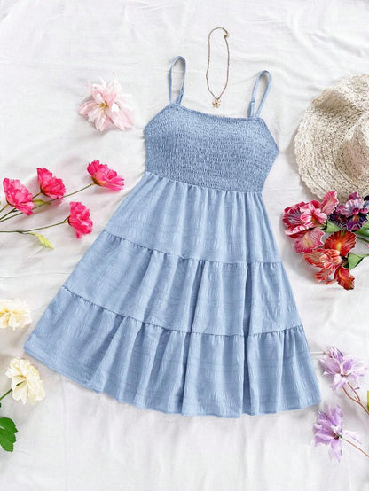 Soleia Women's Summer Holiday Solid Color Spaghetti Strap Dress With Ruffled Hem Mensa