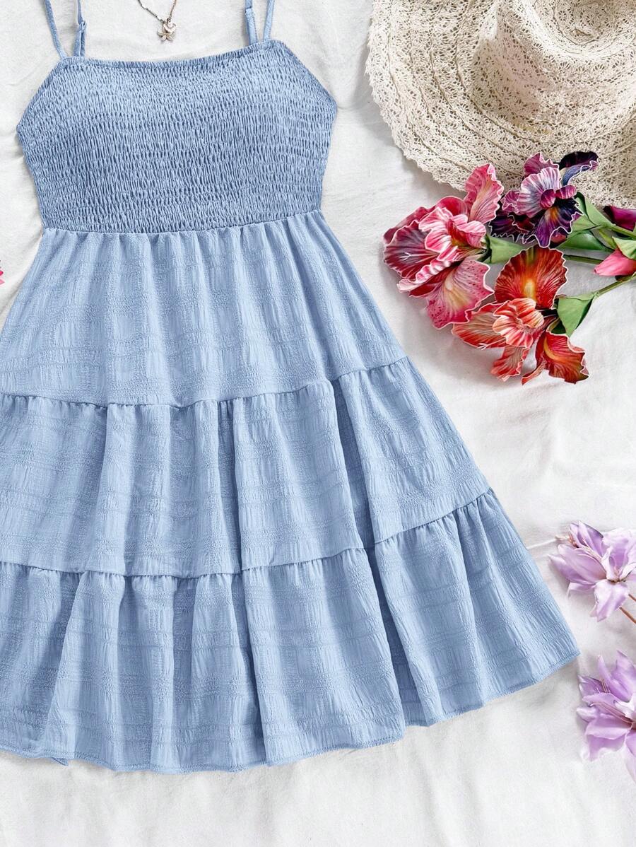 Soleia Women's Summer Holiday Solid Color Spaghetti Strap Dress With Ruffled Hem Mensa
