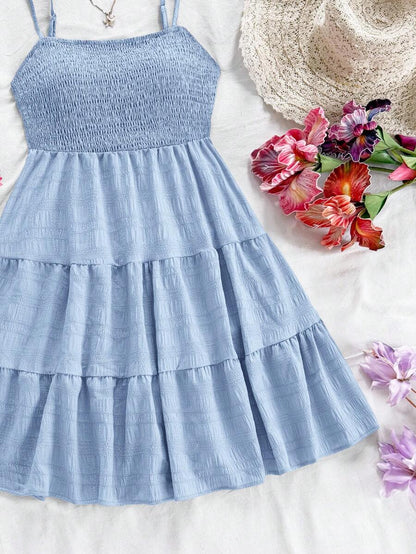 Soleia Women's Summer Holiday Solid Color Spaghetti Strap Dress With Ruffled Hem Mensa