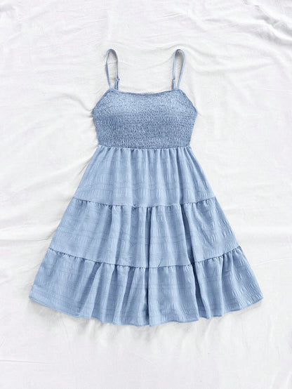 Soleia Women's Summer Holiday Solid Color Spaghetti Strap Dress With Ruffled Hem Mensa